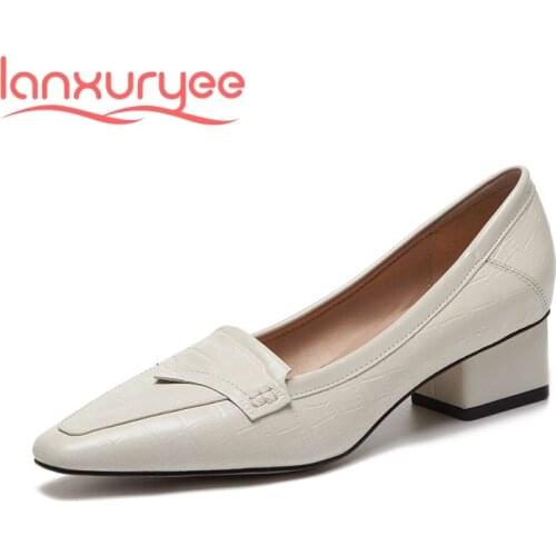 Lanxuryee genuine leather small square toe med heel retro fashion European style beauty lady daily wear basic women pumps L72
