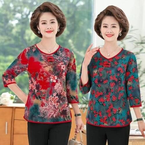 2021 Cotton And Linen Summer Womens Night T-shirt Mothers Three-Quarter Sleeve Pajamas Tops Plus Size Loose Printed Roomewear