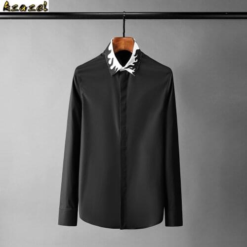 Azazel Flame Embroidered Mens Shirts Luxury Long Sleeve Black White Casual Man Shirts Plus Size 4xl Slim Fit Party Male Shirts