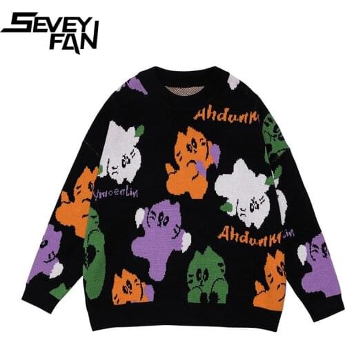 Seveyfan Mens Fashion Cartoon Cat Sweater Hip Hop Oversize Cotton Pullover Knitwear for Couples