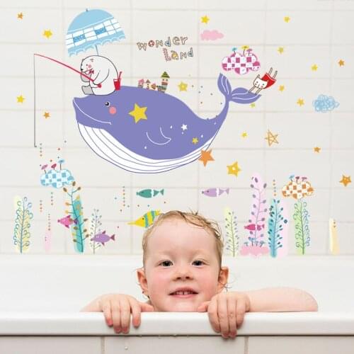 Sea World Whale Wall Stickers Big Bear Fishing Room Decor Beautiful Aquatic Plants Art Window Bathroom Sticker for Kids Room