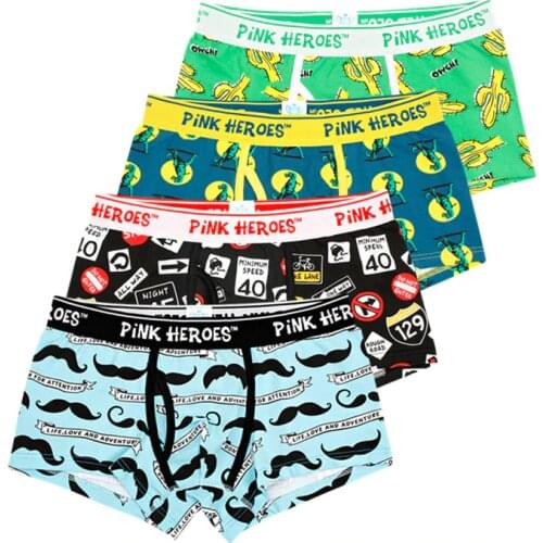 Pink Heroes 4pcs/lot Men Underwear Boxer Mens Underwear Cotton Roller Printing Colorsafe Boxers Cartoon Fashion Boxer Shorts