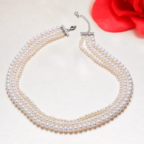 THREE ROWS Real Natural Freshwater Pearl Necklace White Pearl Color Jewelry Nice Party Wedding Gift 2pcs/lot