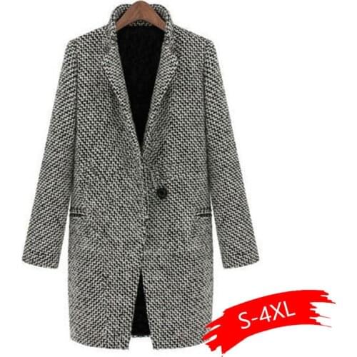 Women Winter Casual Long Sleeve Houndstooth Button Coat Gray Autumn, Outerwear Casual, Street, Outdoor, etc