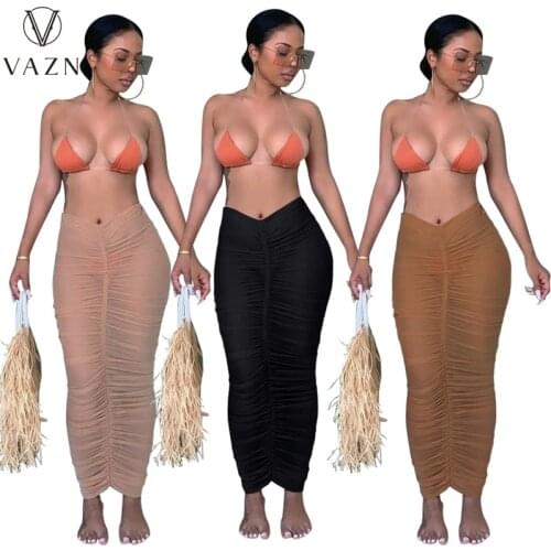 VAZN 2021 INS See Through Long Style Parity Young Soft Elastic Holiday Beach Joker High Waist Women Pencil Maxi Skirts