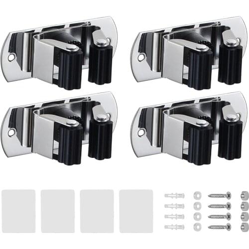 4pcs Heavy Duty Anti Slip Stainless Steel With Screws Broom Organizer Home Bathroom Storage Rack Mop Holder Garden Wall Mounted