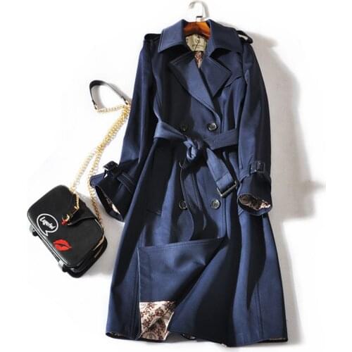 2019 Autumn Women Double Breasted Long Trench Coat With Belt Windbreaker Female Classic Casual Office Lady Business Outwear R642