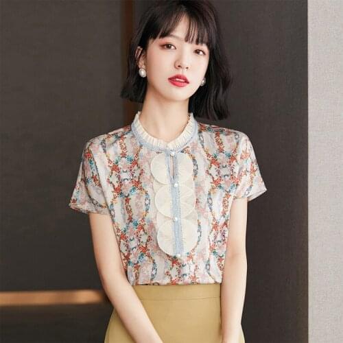 Blouses Women Ruffle Print Chiffon Short Sleeve Beaded Top Summer Womens Shirt Tops Blusas Camisas Mujer