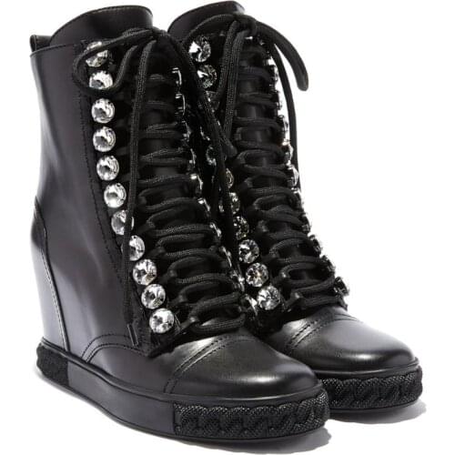 High quality woman leather rhinestones Bead embellished inner wedge sneakers lace up high top crystal inner wedge woman sneaker