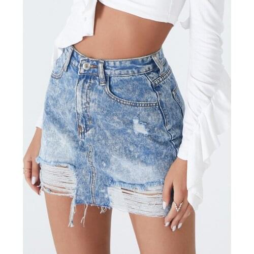 Womens Blue Washed Mini Denim Skirt High Waist Frayed Hem Distressed Ripped Short Skirt Soft Fabric Comfortable To Touch Elegant