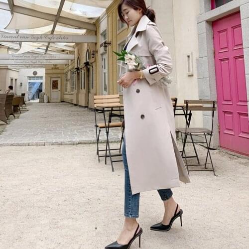 Womens long trench belt oversized khaki red Black high quality trench coat for women 2020