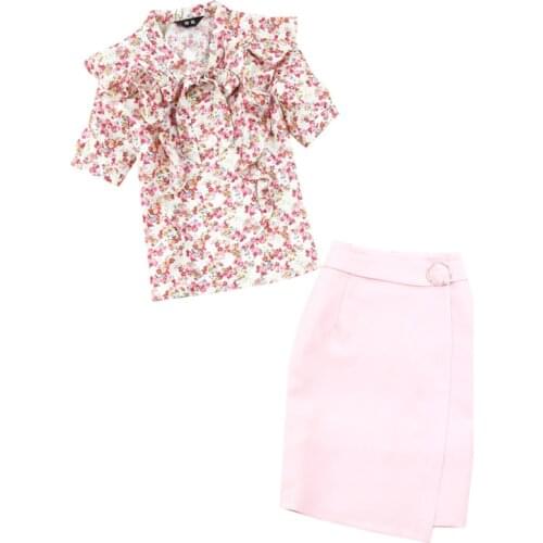 Womens suit summer new style pink flower half sleeve lotus leaf lace shirt + pink package hip skirt women 2 piece set