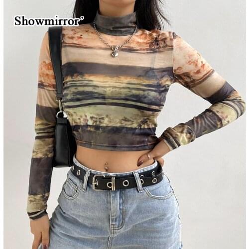 Showmirror Turtleneck Mesh Sexy Crop Top T Shirt Women Brown 2000s Aesthetic T-shirts Transparent Long Sleeve Tshirt 2021