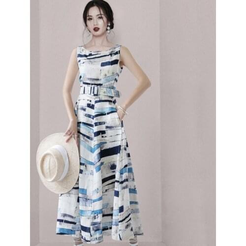 2021 Summer French Retro Women Fashion O Neck Sleeveless Sweet Elegant Printed A Line Slim Office Party Long Dress Vestidos Vint