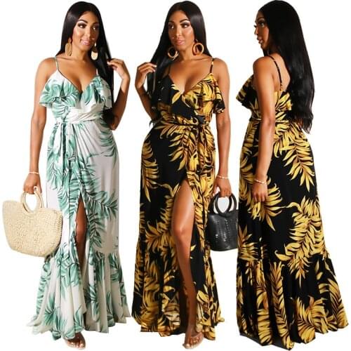 Women Printed Drawstring Dress High Split Long Beach Skirt,Deep V Neck Party Slip Off Shoulder Ruffle elegant sexy dress women