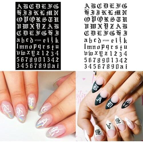 12Pc/Set Nail Sticker Letter Number Nail Designs White Black Laser Gold Silver Stickers Wrap Tips Decoration Acrylic Nails Tool