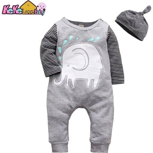 2Pcs Newborn Baby Boy Girl Romper Cotton Cartoon Elephant Print Long Sleeve Jumpsuit Cute New Born Infant Clothes Pajama Outfits
