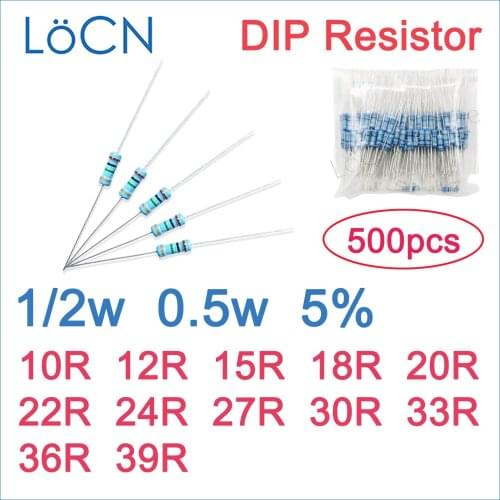 500pcs 5% 1/2W Carbon Film Resistor DIP 10R 12R 15R 18R 20R 22R 24R 27R 30R 33R 36R 39R OHM Color ring 0.5w