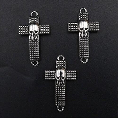 8pcs Silver Color Pagan Skull Cross Rosary Necklace Bracelet Metal Connector DIY Charm Jewelry Crafts Making 37*20mm A112