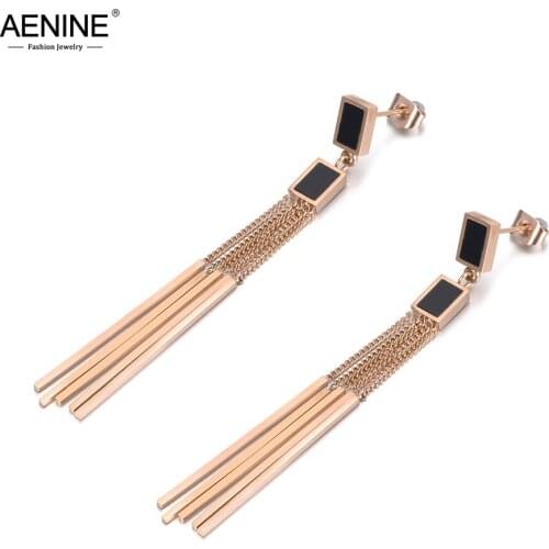 AENINE Black Acrylic Square Stainless Steel Tassel Earrings Rose Gold Color Jewelry Hyperbole Punk Style Women Gift AE18107