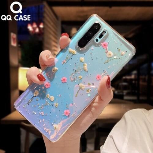 Glitter Dry Pressed Flower Case For Xiaomi MI 8 8SE 9 9SE CC9E 10 Pro Lite Redmi A7 8 8A 9 Note 5 6 7 8 8T 9 Pro K20 K30 Pro