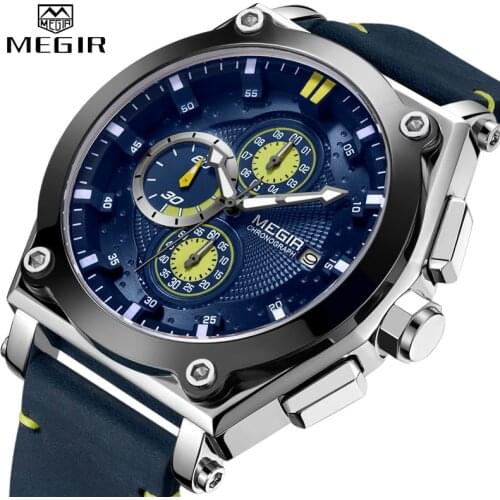 MEGIR Men Watch Top Brand Sport Analog Quartz Wrist Watch Leather Strap Chronograph Business Watches For Men Relogio Masculino