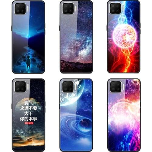 Case OPPO F17 Phone Case Back Cover Black Silicone Bumper With Tempered Glass Star Sky Pattern