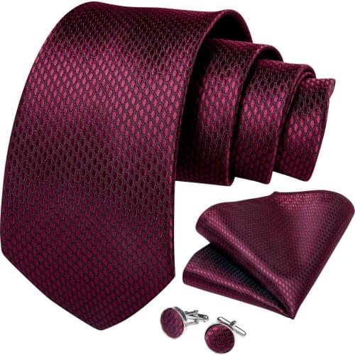 DiBanGu Men Tie Red Wine Solid Silk Wedding Tie For Men Hanky Cufflink Tie Set Fashion Bussiness Party Dropshipping