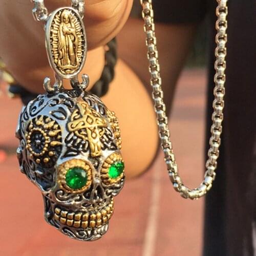 Gorgor Titanium Steel Punk Style Fashion Statement Ghost Head Pendant Men Gold Skull Head Pendant Between Green Eyes PN-1158