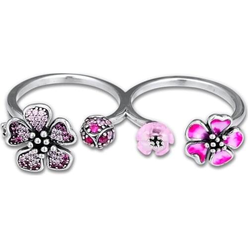 CKK Silver 925 Jewelry Peach Blossom Flowers Double Rings For Women Fashion Gift Sterling Silver Original Ring