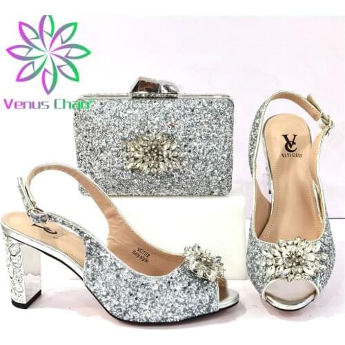 Italian Design African 2021 Fashion Nigerian High Heels Ladies Shoe and Bag Set With Platform in Silver Color for Party Wedding