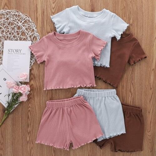 Summer Toddlers Baby Children Suit Solid Color Ribbed O-Neck Short Sleeves Tops + Elastic Waist Shorts Outfits 2Pcs Set