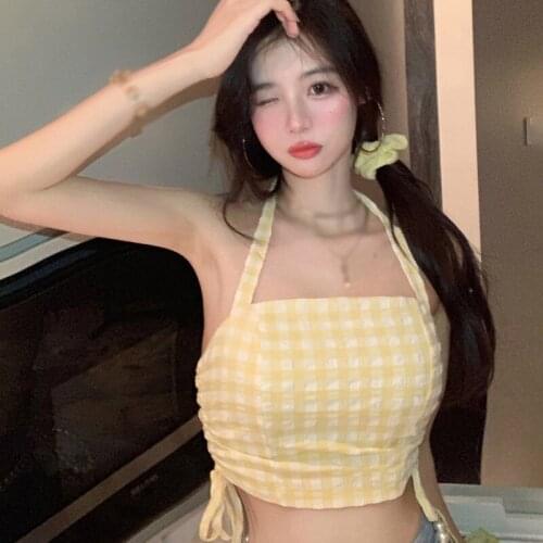Summer Women Plaid Halte Lace-Up Slim Vest Short Top Female Korean Sleeveless Tank Tops