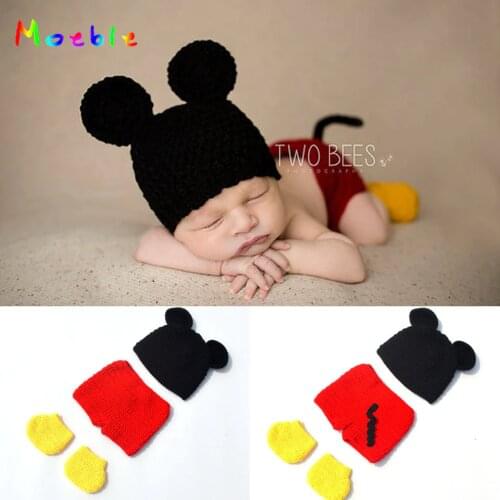 Cute Mickey Hat Shorts&Shoes Set for Newborn Crochet Baby Mickey Outfit Knitted Baby Photography Props Cartoon Costume MZS-16032