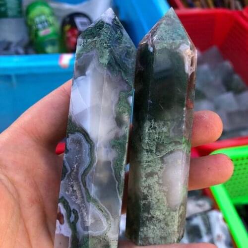 Natural Moss Agate Wand Healing Crystal Druzy Quartz Sparking Point Chakra Casa Stone Obelisk Home Decoration Reiki Spirit Gift