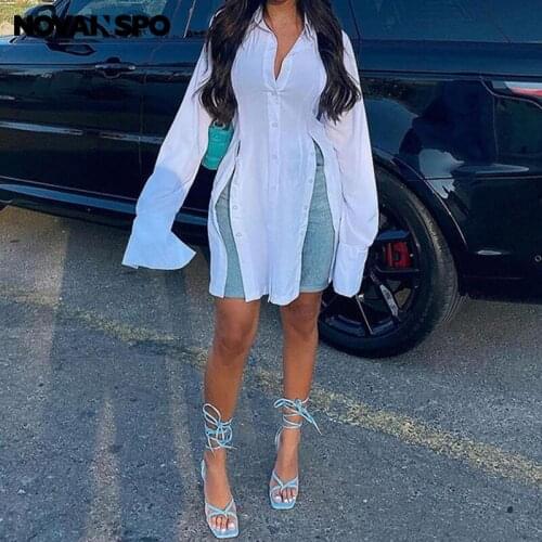 NOVAINSPO Long Sleeve White Solid Turn Down Neck Mini Dresses For Women Fashion Casual Streetwear One Piece Buttons Summer Dress