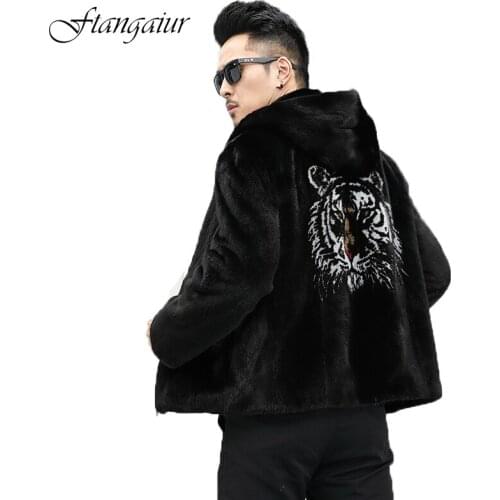 Ftangaiur 2020 New Men Import Mink Fur Coat Black With Hood Tiger head Mink Coats Mens Short Smart Causal Real Mink Fur Coats