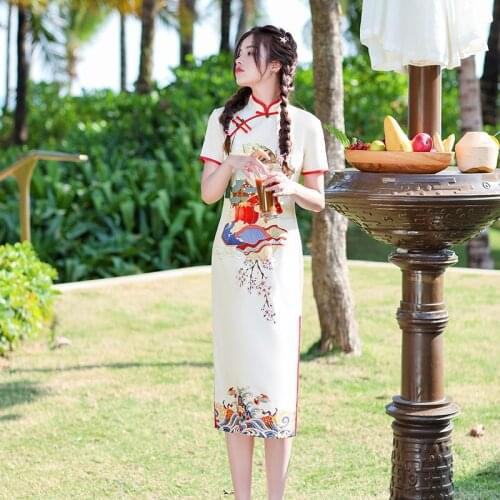 New Summer Short Sleeve Cheongsam Chinese Style Slim Vintage High Split Qipao Vestido Plus Size 3XL