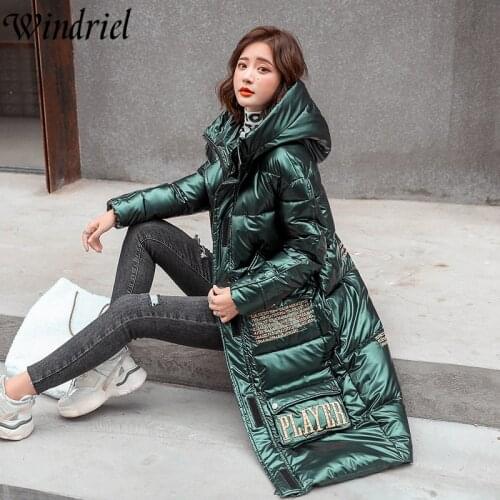 Windriel Winter Coat Long Warm Parkas Women Green Fashion Letter Waterproof Jackets Female Cotton Padded Clothing Snow Wear