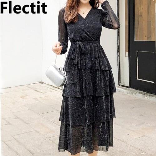 Flectit Tiered Midi Dress Metallic Thread V Neck Long Sleeve Wrap Dress with Self Tie Women Sexy Club Party Dress Outfit