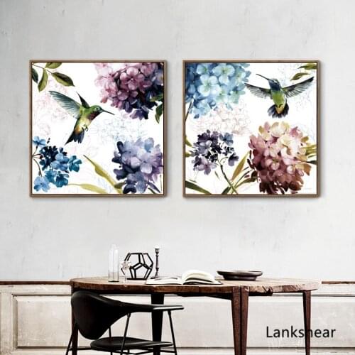 Nordic Flowers Poster Purple Hydrangea Hummingbird Canvas Painting Modern Home Decoration Bedroom Wall Art Pictures No Frame