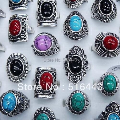 Hot Sale 10pcs Natural Stones Turquoise Antique Silver Plated Vintage Women Mens Rings Wholesale Jewelry Lots A-100