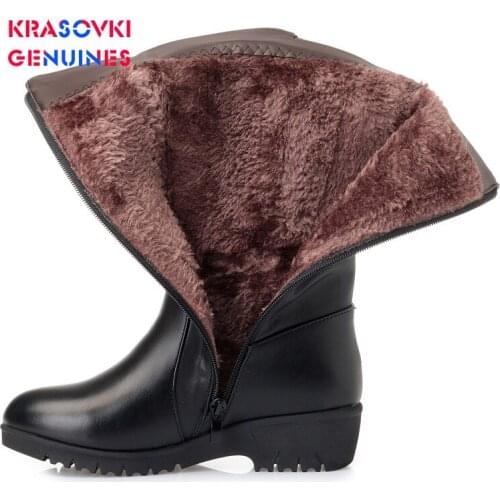 Krasovki Genuines Wool Women Winter Boots Warm Fur Warm Shoes Genuine Leather Plush High Boots Platform for Women Snow Boots