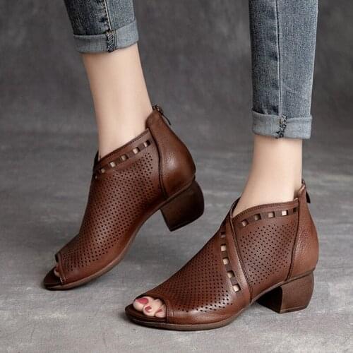 Lucyever Hollow Out Vintage Ankle Boots Women 2021 Peep Toe Square Heel Short Boots Woman Summer Fashion Dark Brown Rome Botas