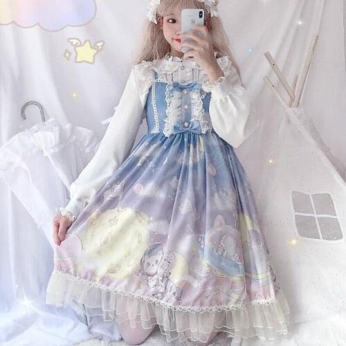Japanese Sweet Lolita Dress For Teens Kawaii Vintage High Waist College Style Princess Dress Autumn Gothic Printed Pink Loli Jsk
