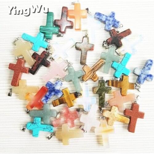 Yingwu Wholesale 50pcs/lot fashion hot sell natural stone mix color assort cross pendants Charms fit Necklaces jewelry making