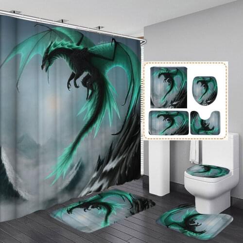 Flying Dragon Bathroom Shower Curtain Waterproof Modern Toilet Cover Bath Mat Non-Slip Rug Set Bathroom Accessories With 12 Hook