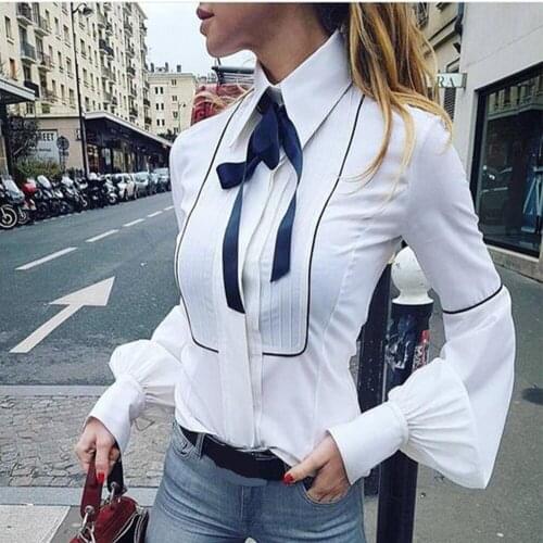 2018 New Spring Office Bow Tie Blouse Women Lantern Sleeve White Button Necktie Shirts Female Elegant Work Shirt Casual Tops