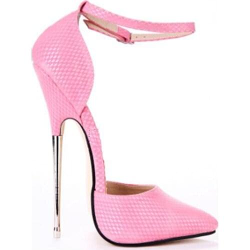 Carpaton 2018 New 16cm metal heel ladies sexy pointed toe patent leather shallow buckle super high heel shoes black pink white