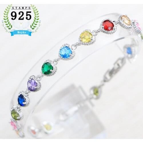 Ladys 925 Silver Bracelet Heart Shape Colorful Zircon Detachable Extension Two Buttons 17cm+3cm Adjustable Length Free Gift Box